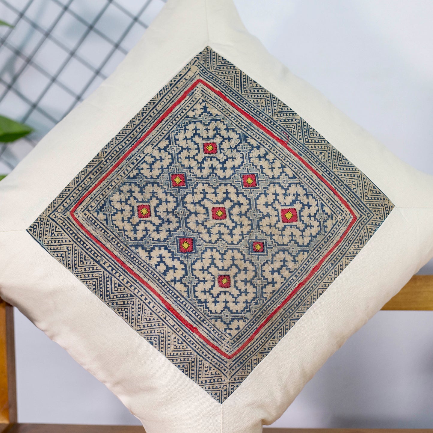 Unique Floral H’mong – White Hemp Cushion Cover