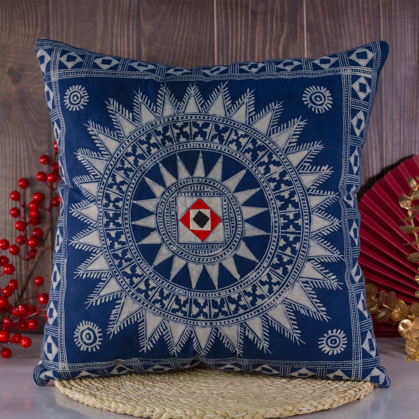 Sunburst Indigo H’mong – Boho Hemp Cushion Cover