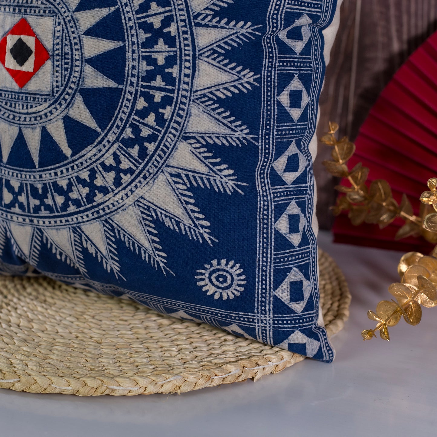 Sunburst Indigo H’mong – Boho Hemp Cushion Cover