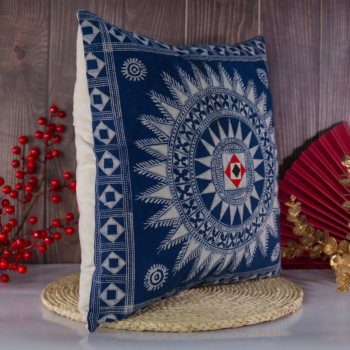 Sunburst Indigo H’mong – Boho Hemp Cushion Cover