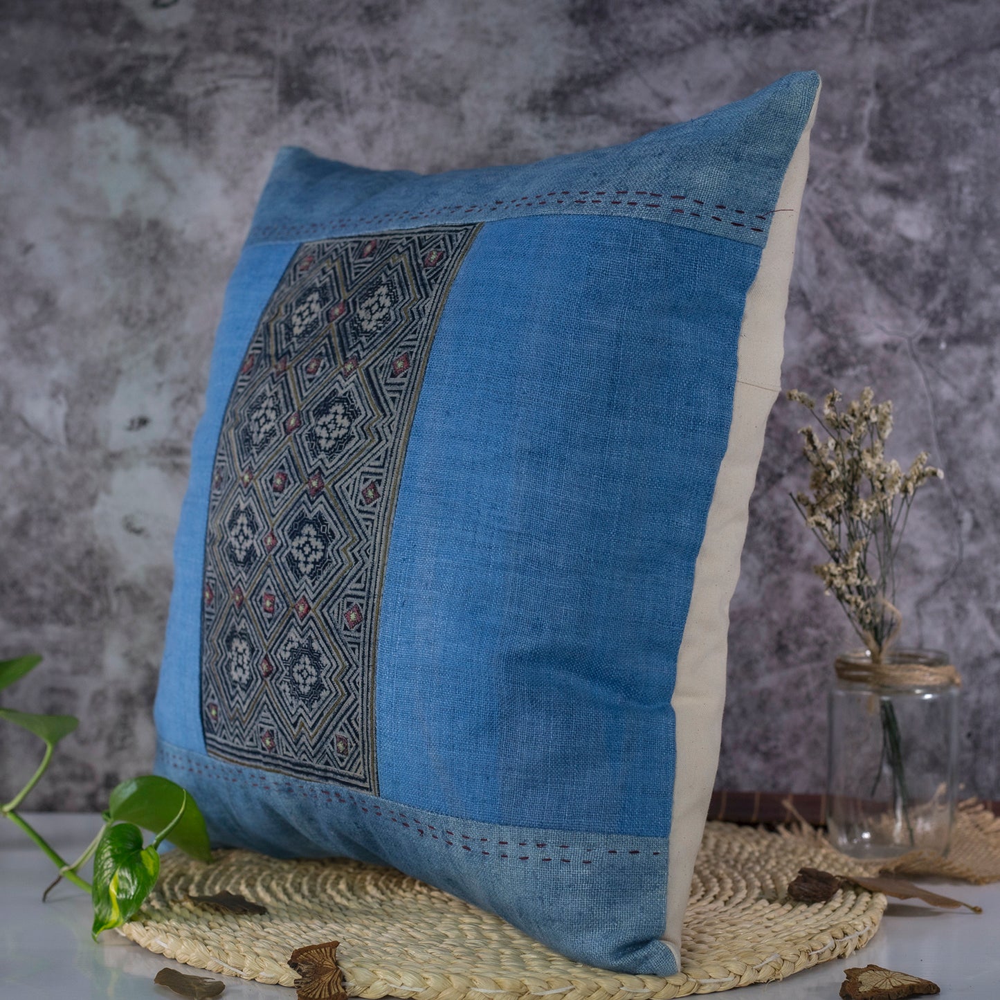 Blue Indigo Motif H’mong – Boho Hemp Cushion Cover