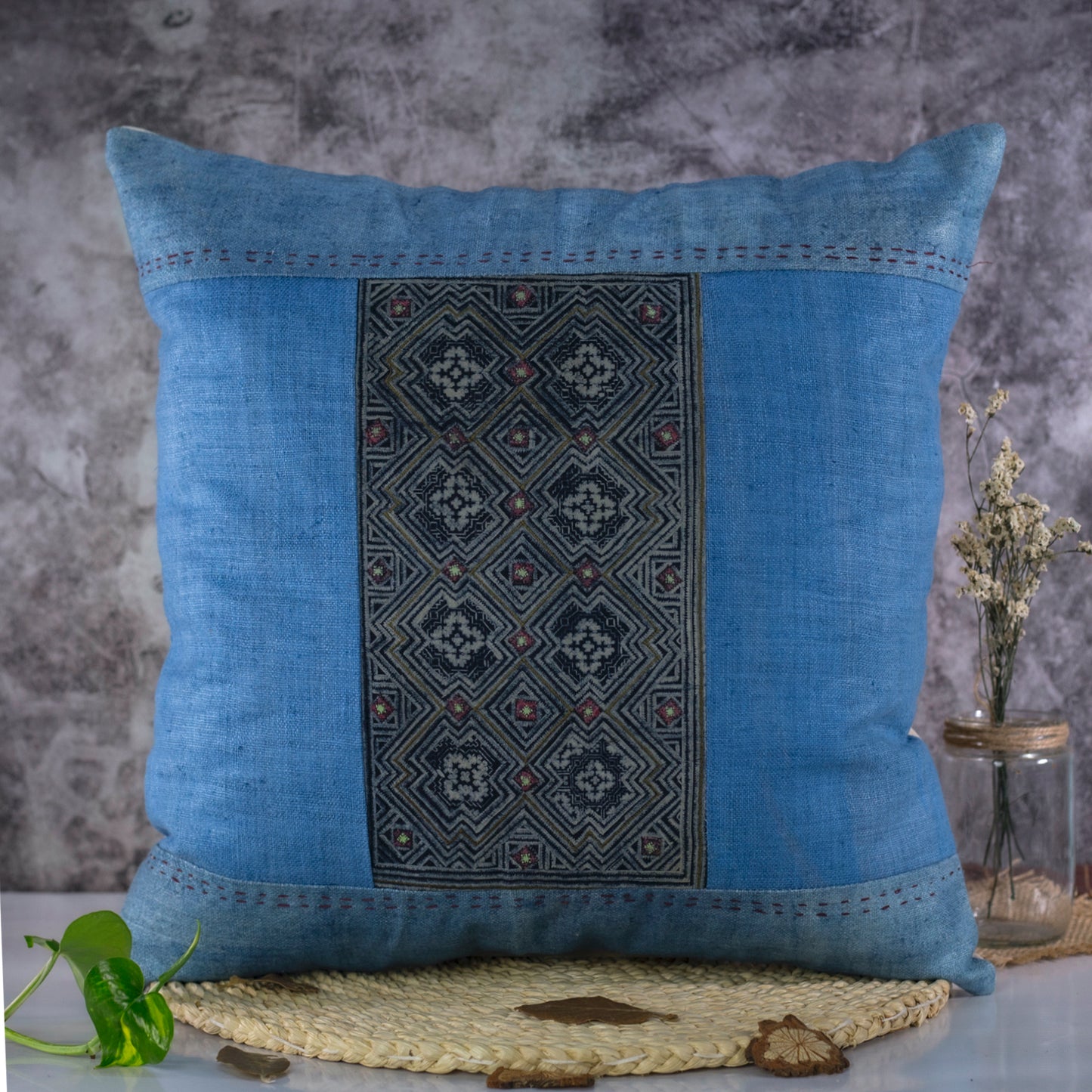 Blue Indigo Motif H’mong – Boho Hemp Cushion Cover