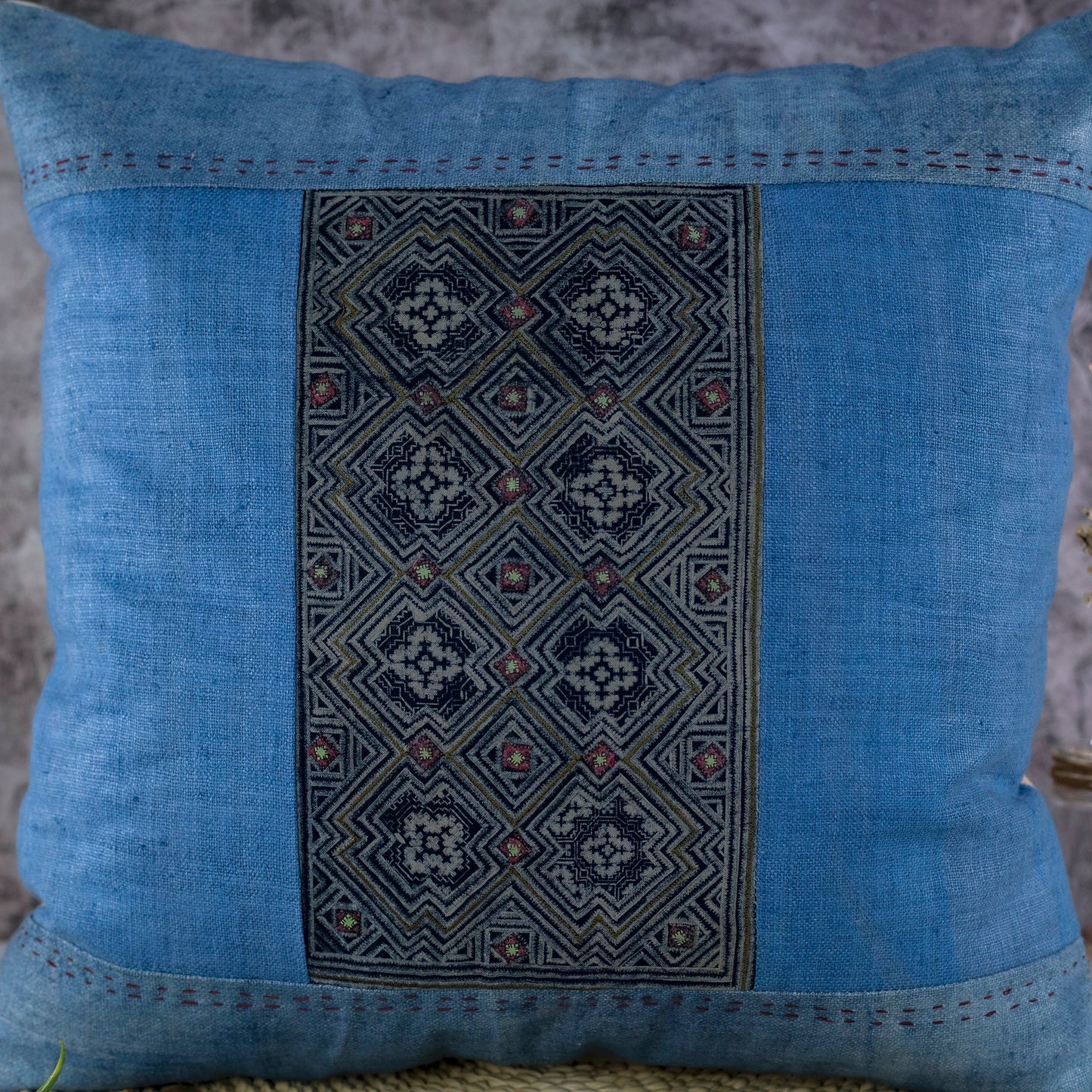 Blue Indigo Motif H’mong – Boho Hemp Cushion Cover