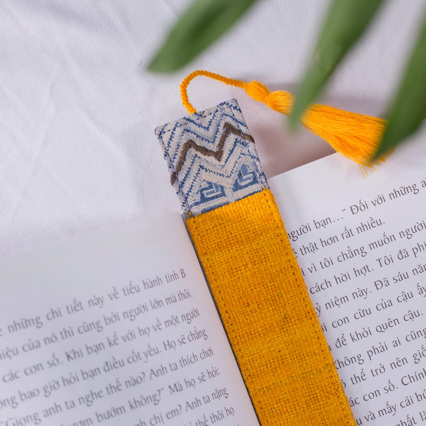 Hemp orange bookmark with vintage batik patch