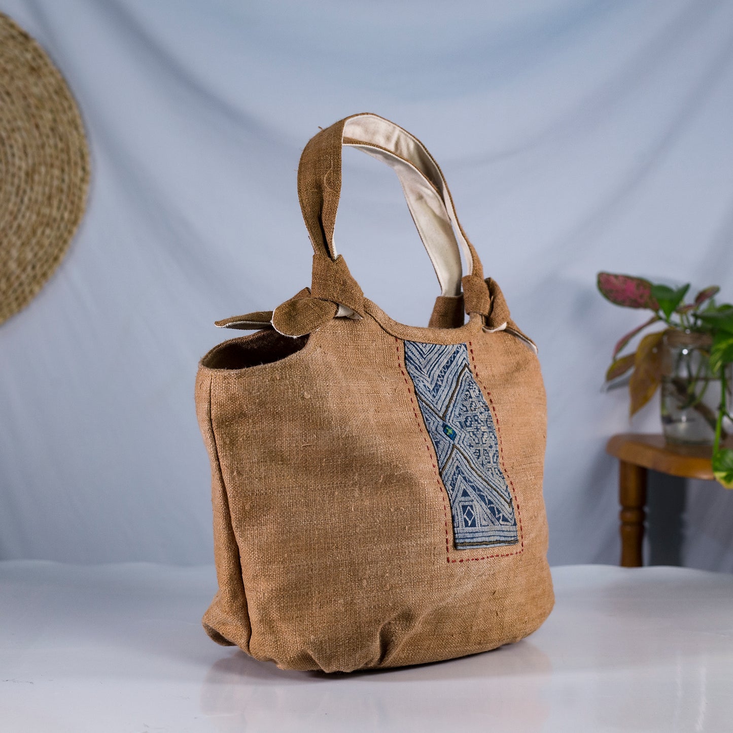 Bunny ear handbag, natural hemp in BROWN with vintage patch