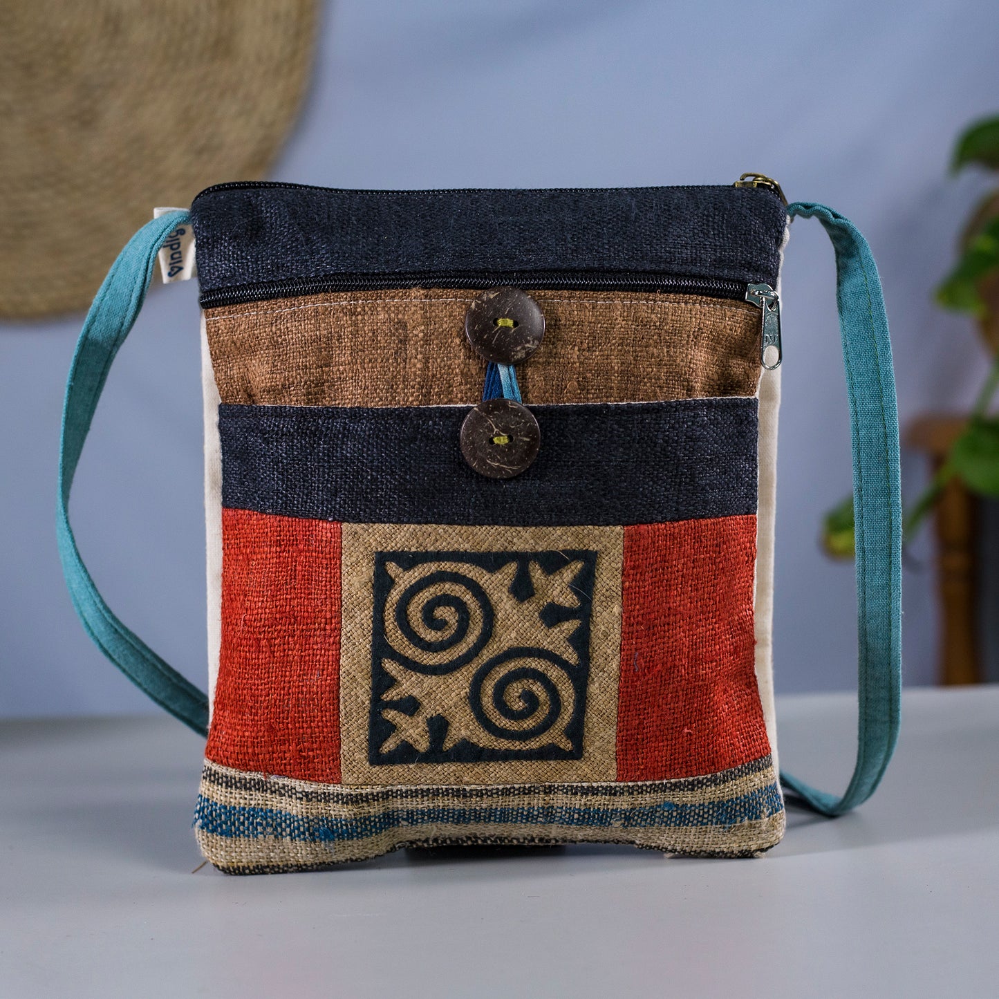 Beige Patch with Black Spiral – Hemp Crossbody Bag