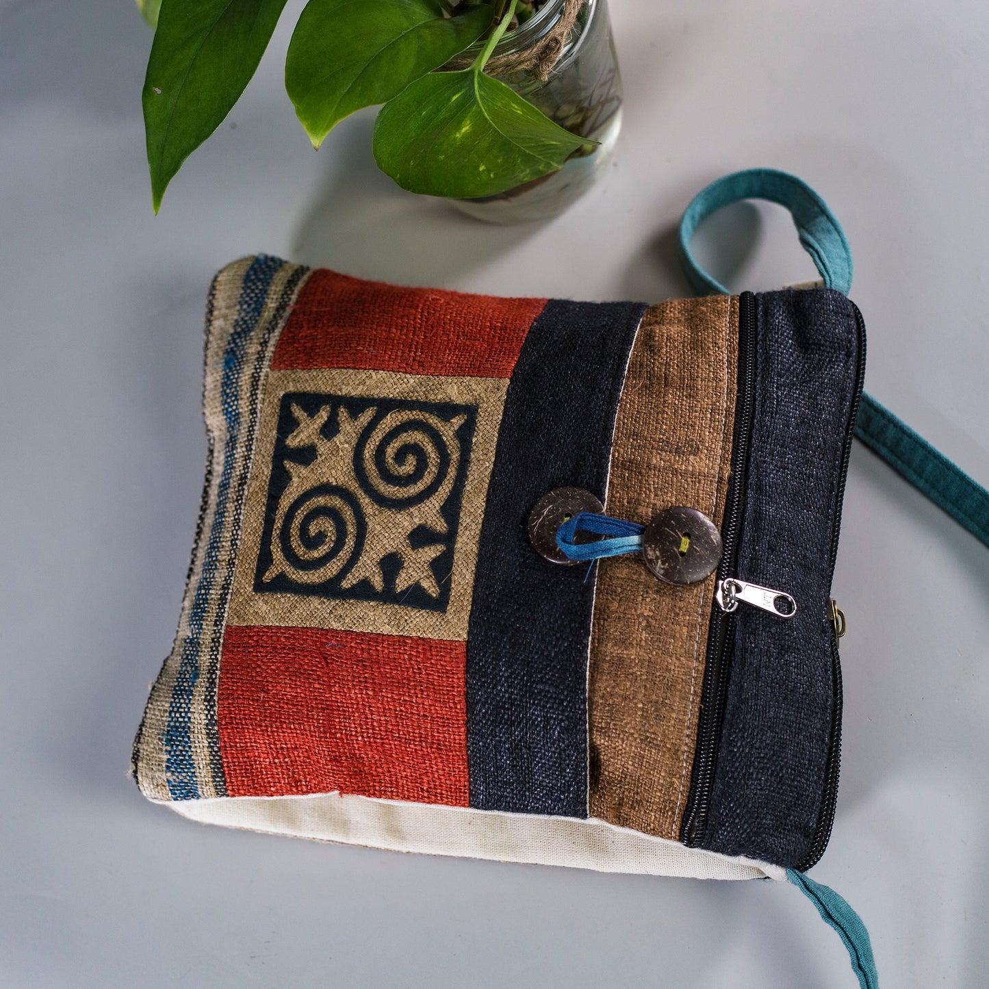 Beige Patch with Black Spiral – Hemp Crossbody Bag