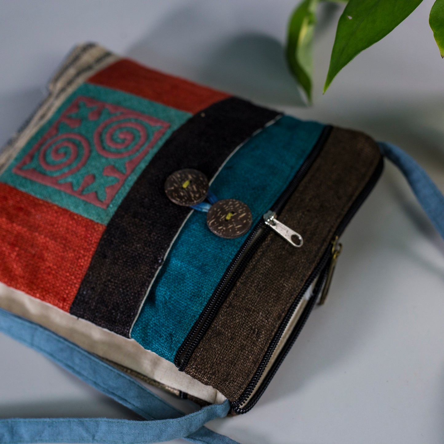 Turquoise Patch & Pink Spiral – Hemp Crossbody Bag