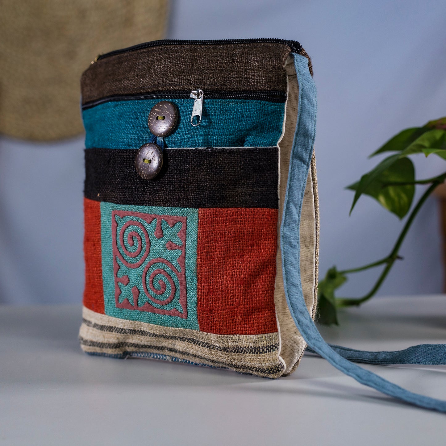 Turquoise Patch & Pink Spiral – Hemp Crossbody Bag