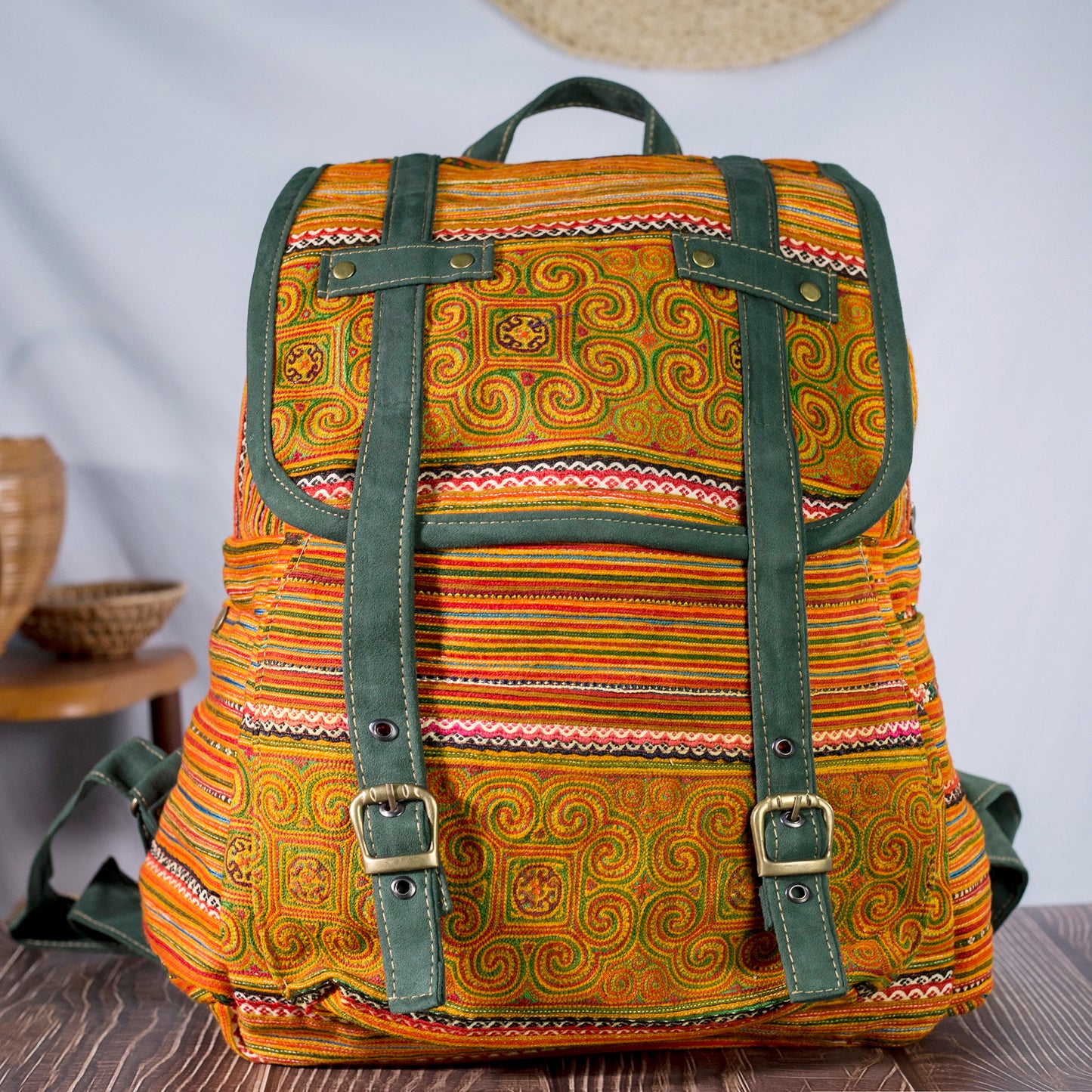 Orange Green Embroidery – H’mong Hemp Backpack