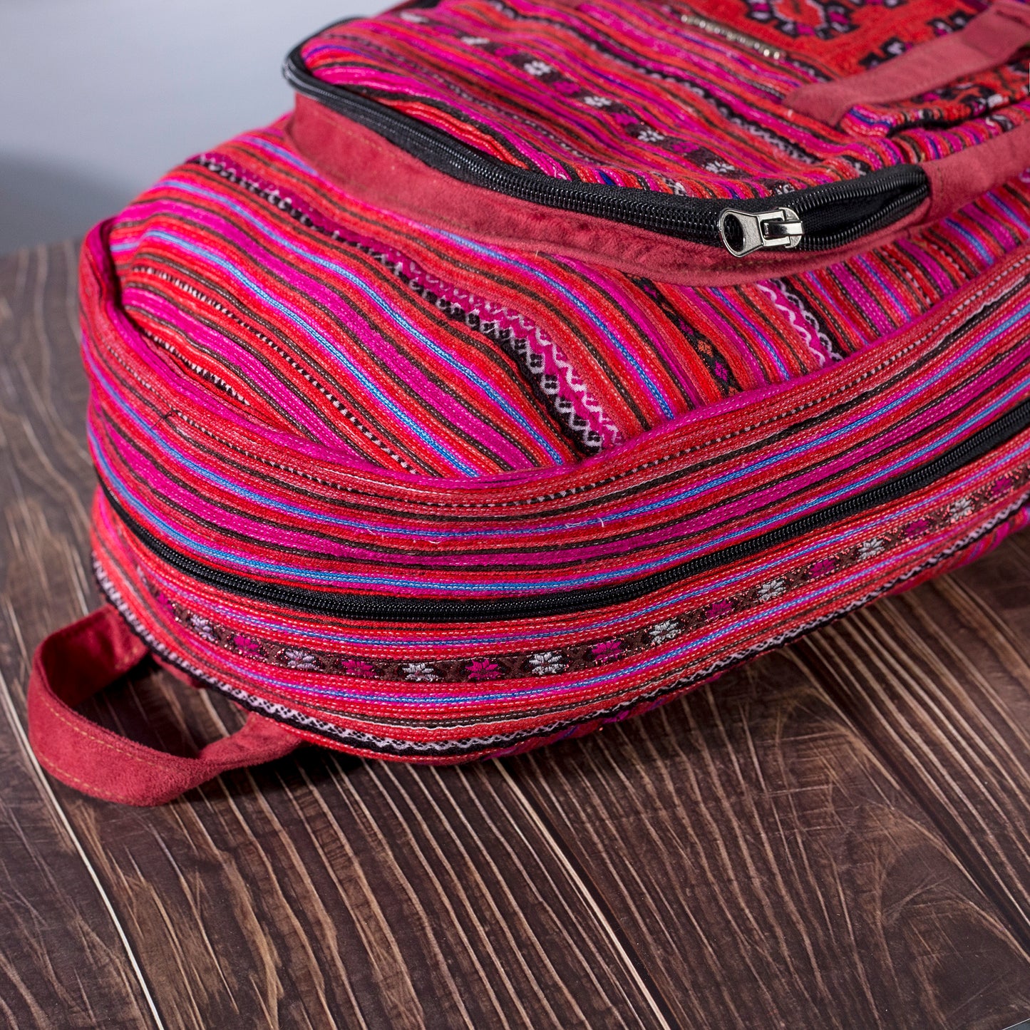 Big-sized backpack, pink hand-embroidery fabric, pink faux leather trim