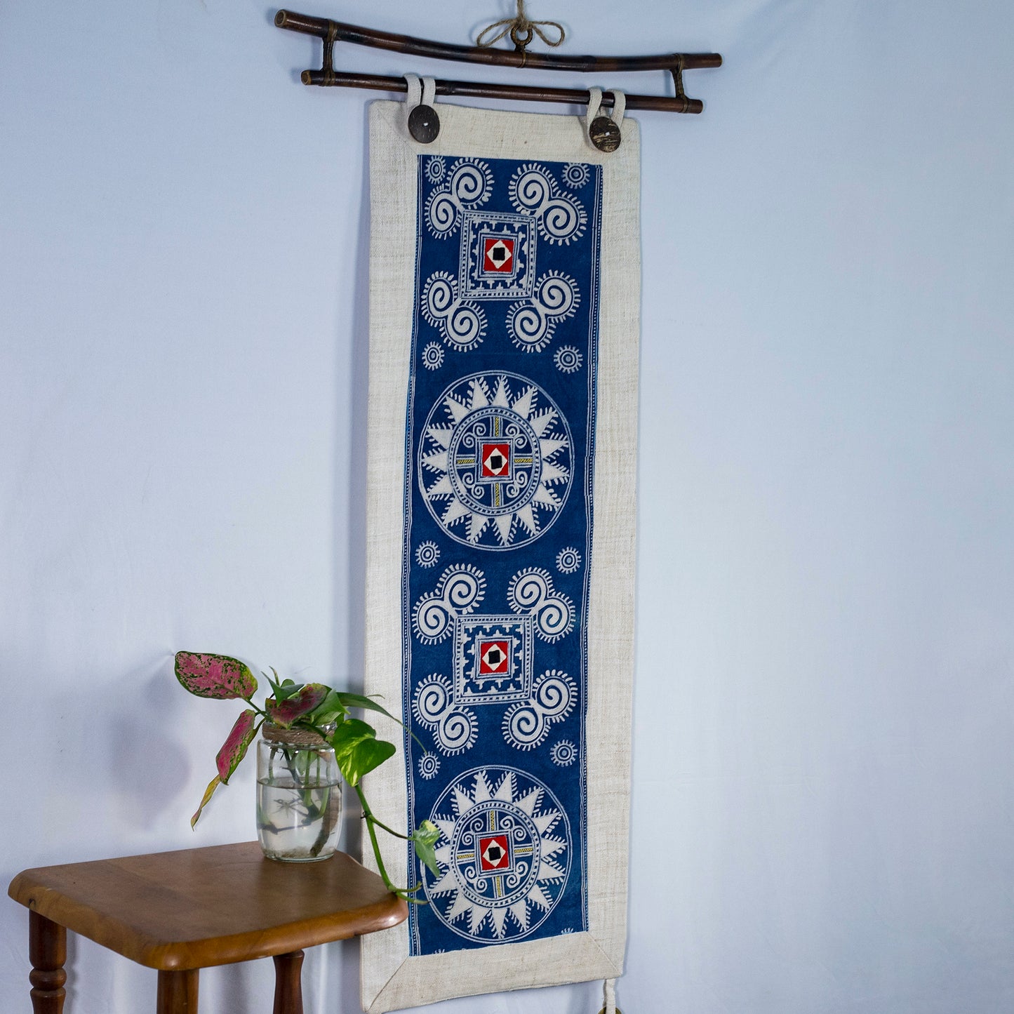 Light Blue wall hanging tapestry, Blue H'mong pattern, Hemp and Batik