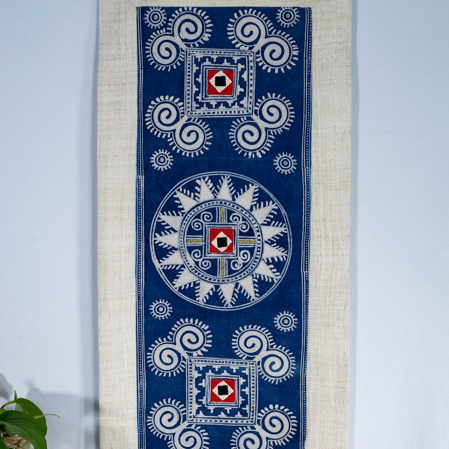 Light Blue wall hanging tapestry, Blue H'mong pattern, Hemp and Batik