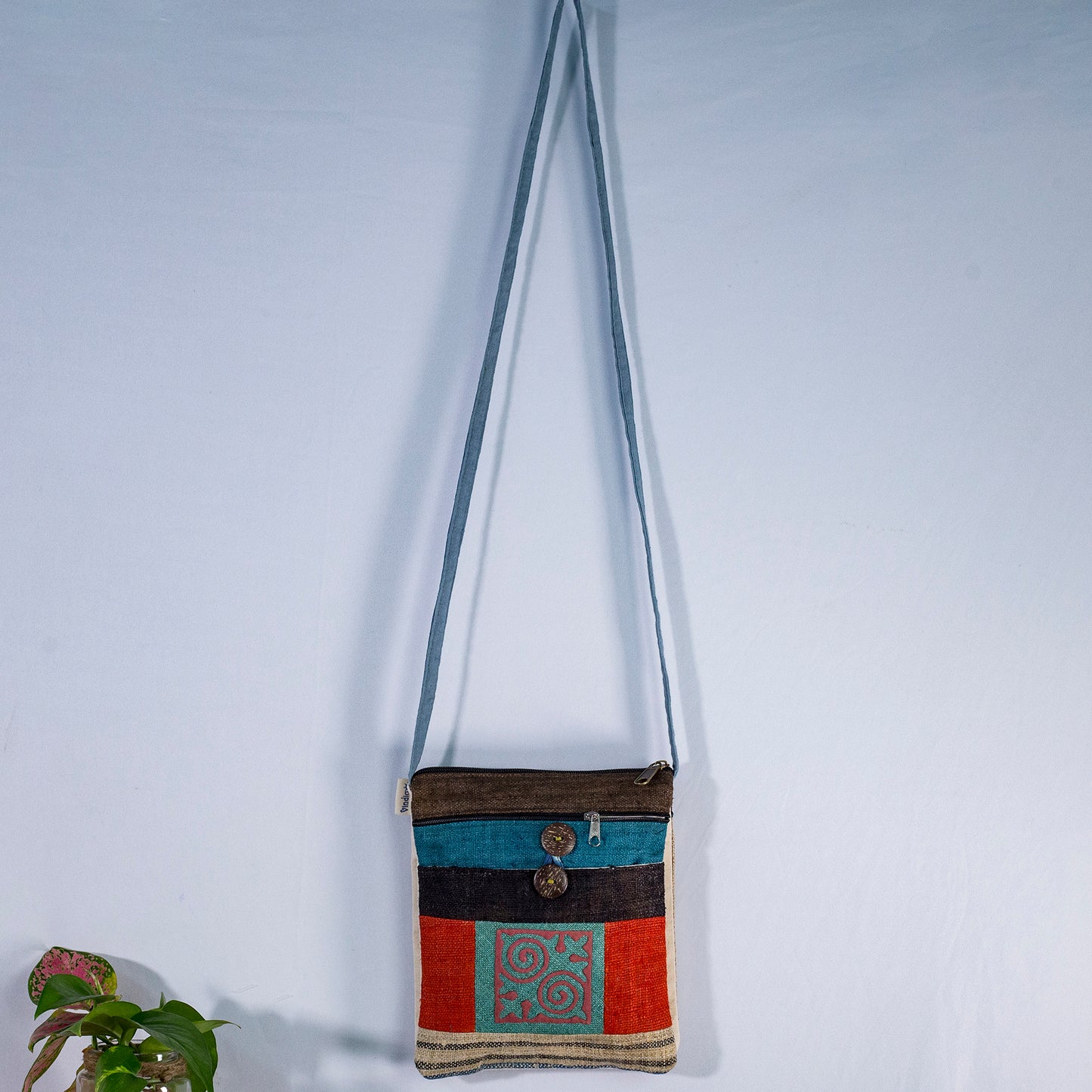 Turquoise Patch & Pink Spiral – Hemp Crossbody Bag