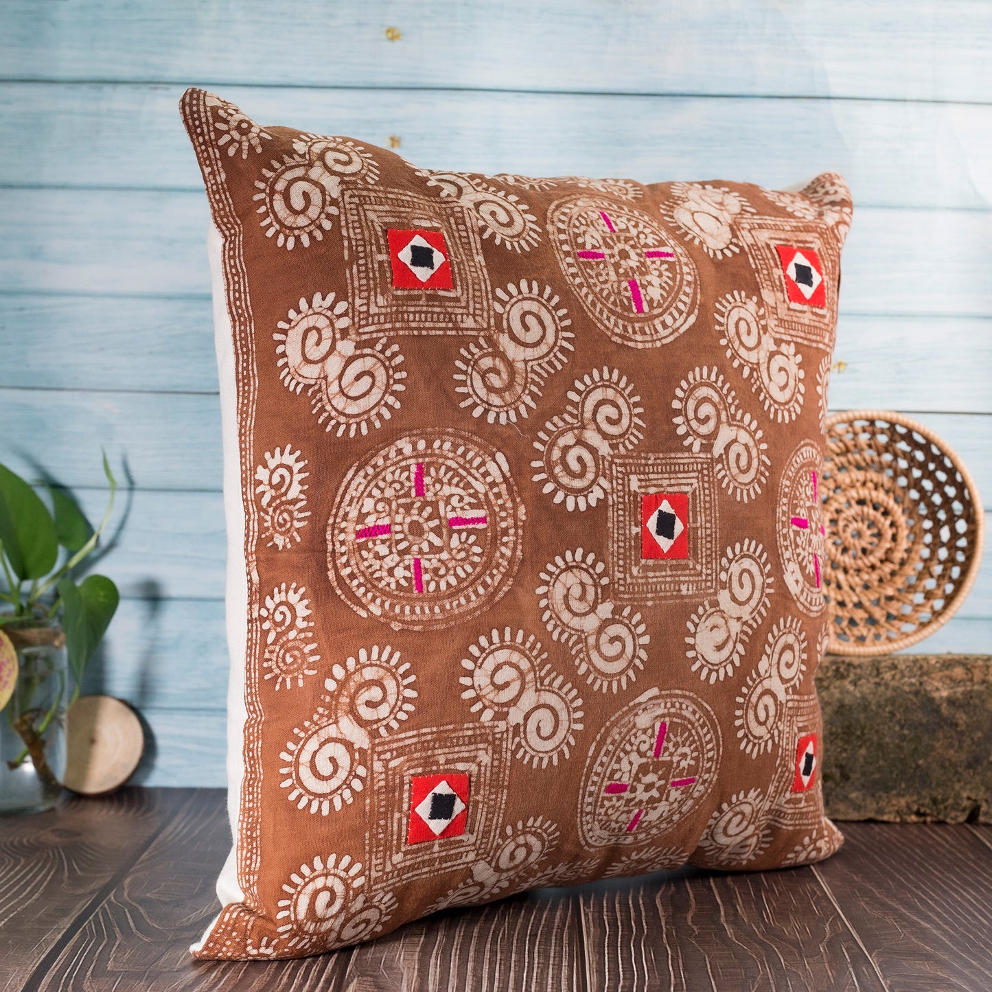Brown Batik Cushion Cover - H'mong pattern, hand-stitches