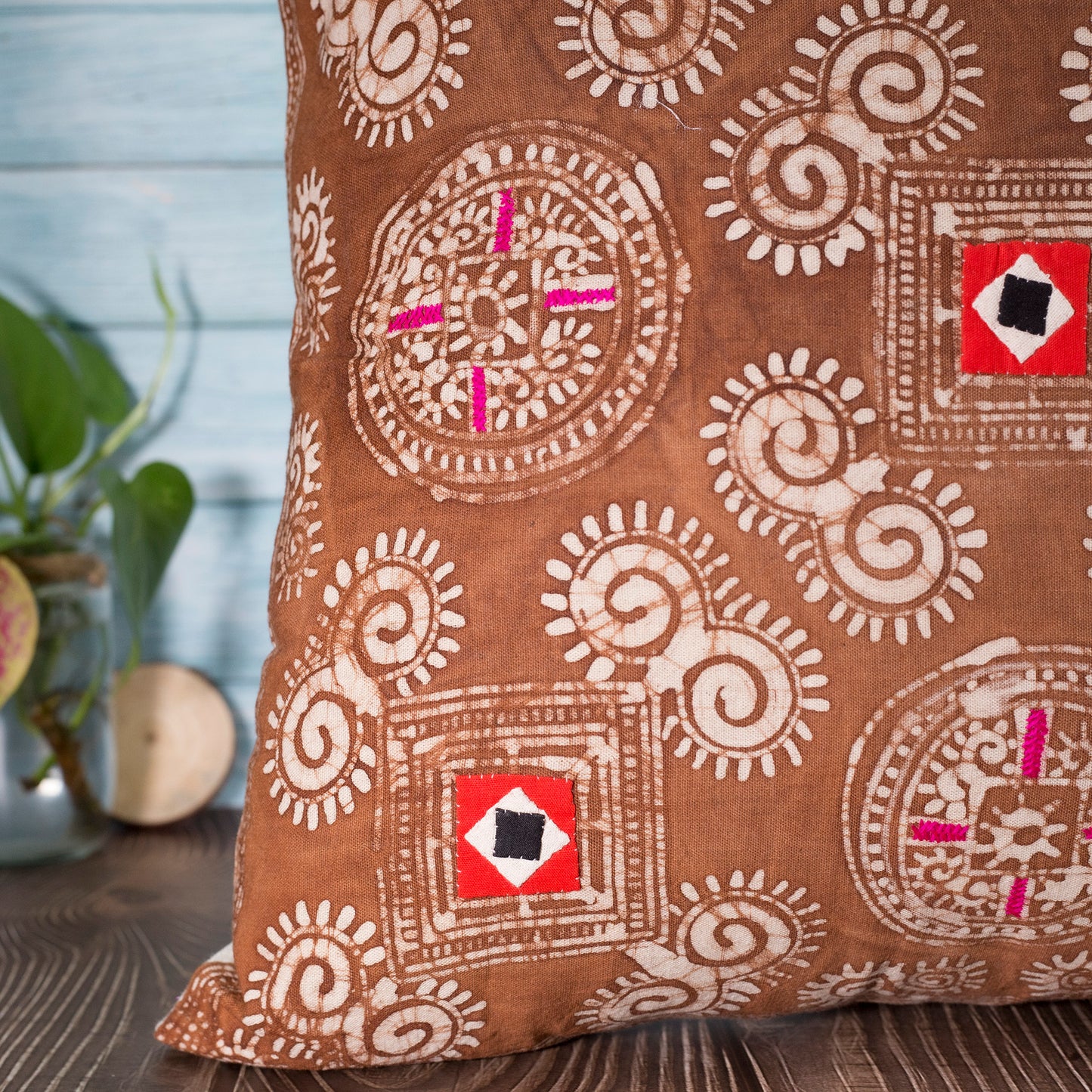 Brown Batik Cushion Cover - H'mong pattern, hand-stitches