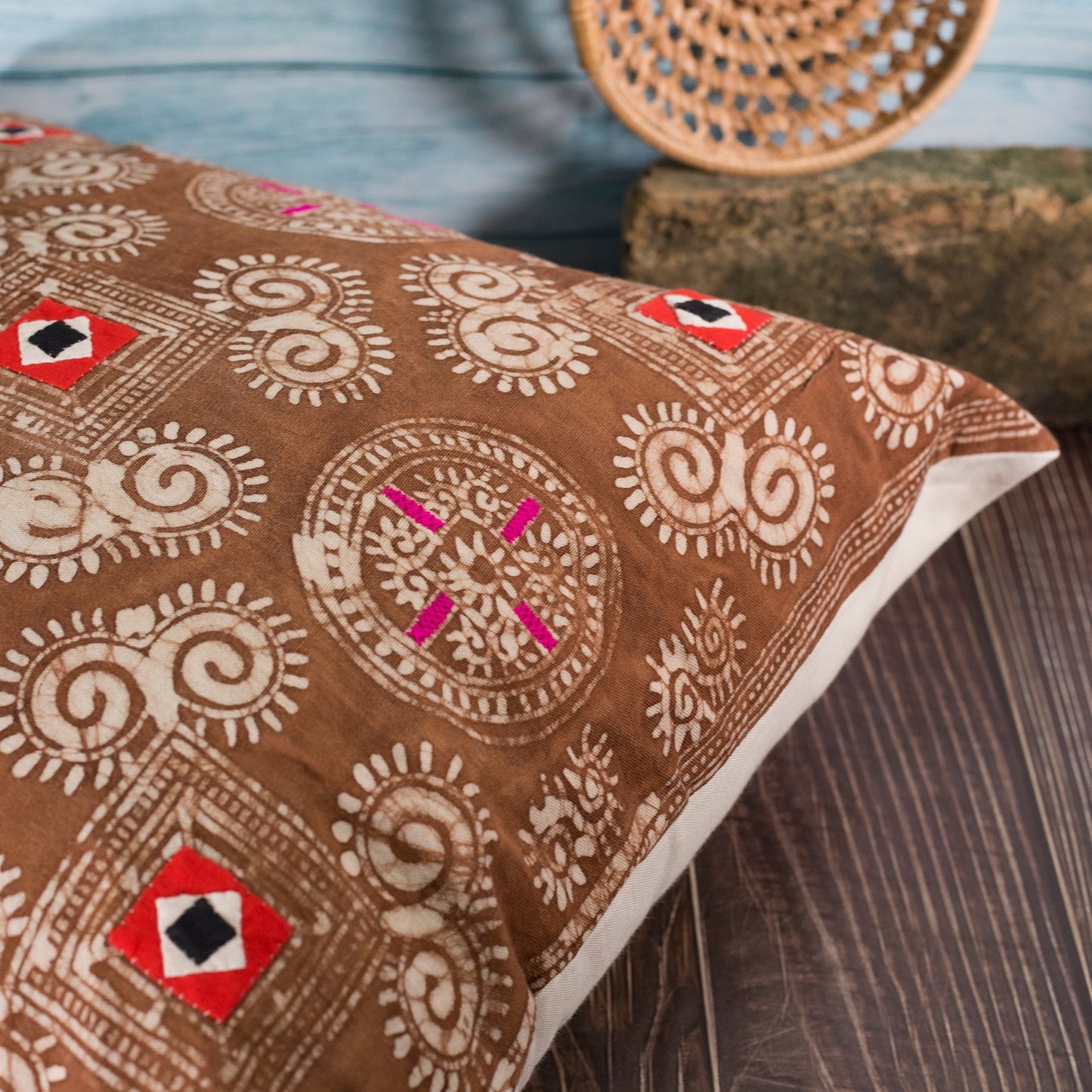 Brown Batik Cushion Cover - H'mong pattern, hand-stitches