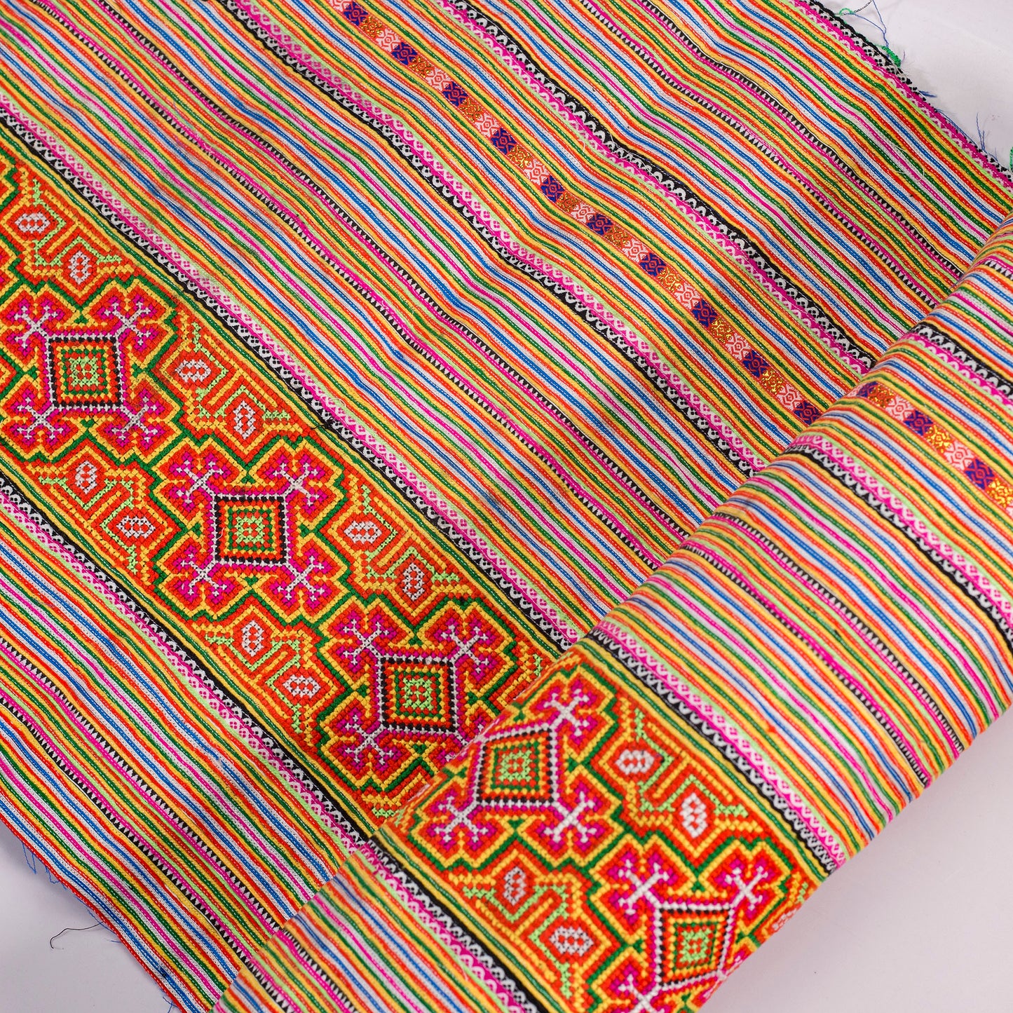 Hand embroidery fabrics, cross-stitched, H'Mong pattern in pink