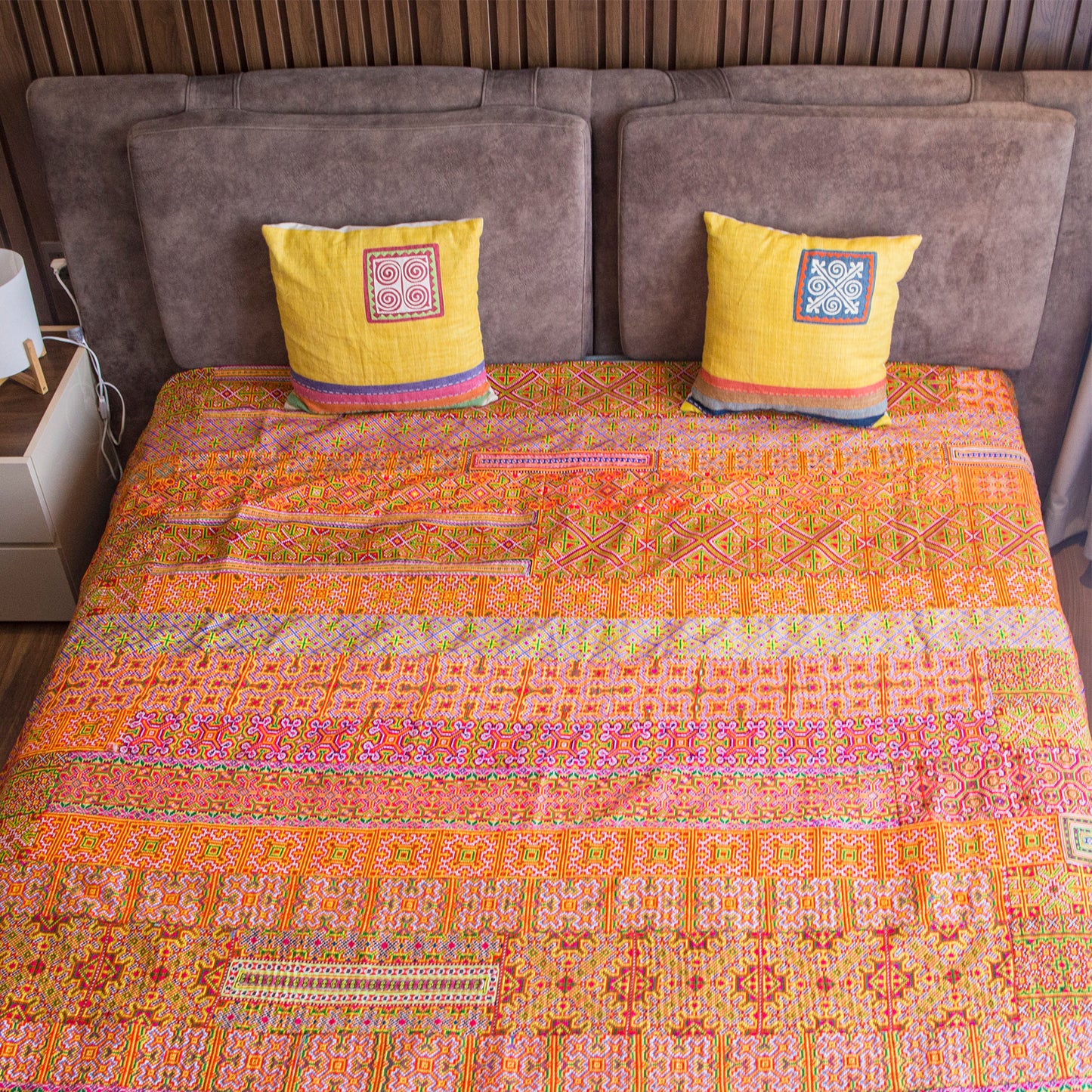 One of its kind cross stitched embroidery bed cover, authentic H'mong fabric, dual-sized, king and queen sized beds