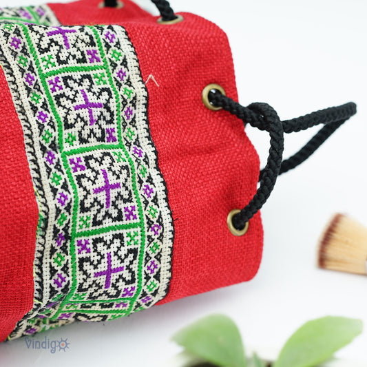 Red Mini Hemp Toiletry Bag – Green Tribal Pattern