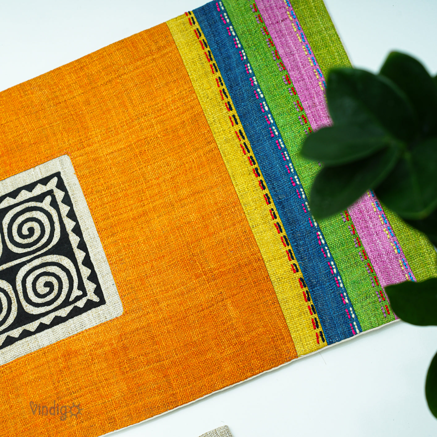 Orange Hemp Table Runner with hand-embroidered decorative patch