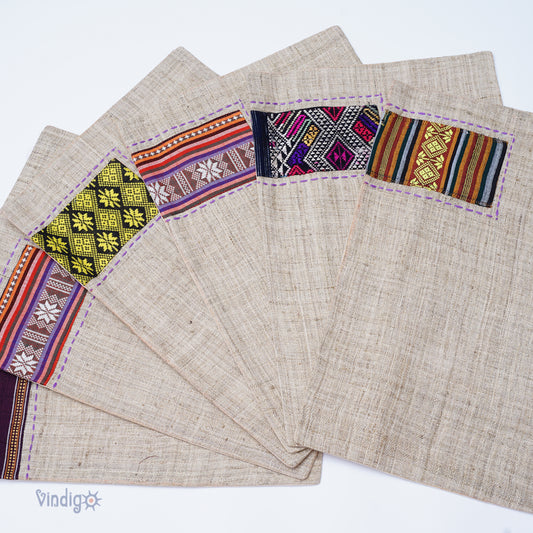 Beige hemp placemat, hand-embroidered patch, hand stitches