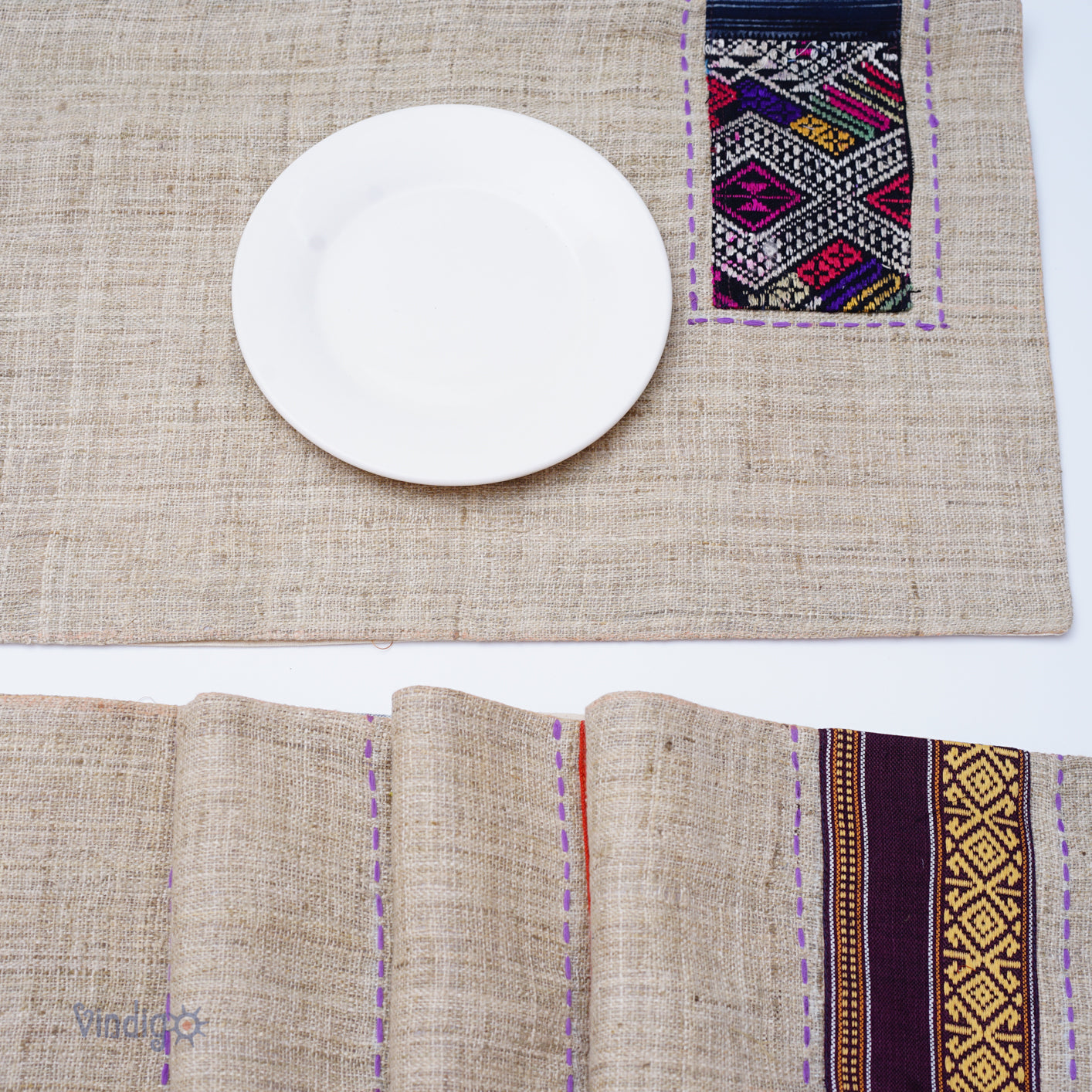 Beige hemp placemat, hand-embroidered patch, hand stitches