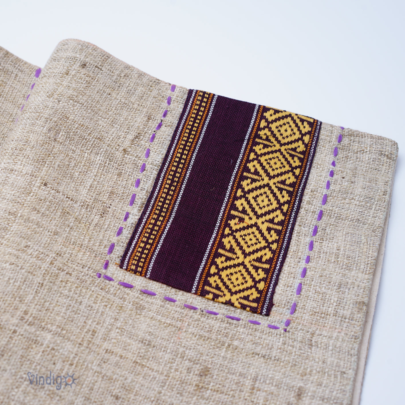 Beige hemp placemat, hand-embroidered patch, hand stitches