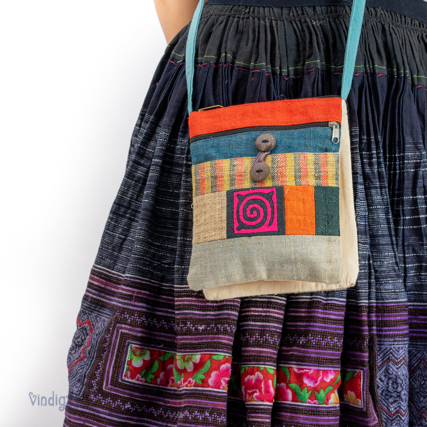 Turquoise Patch & Pink Spiral – Hemp Crossbody Bag