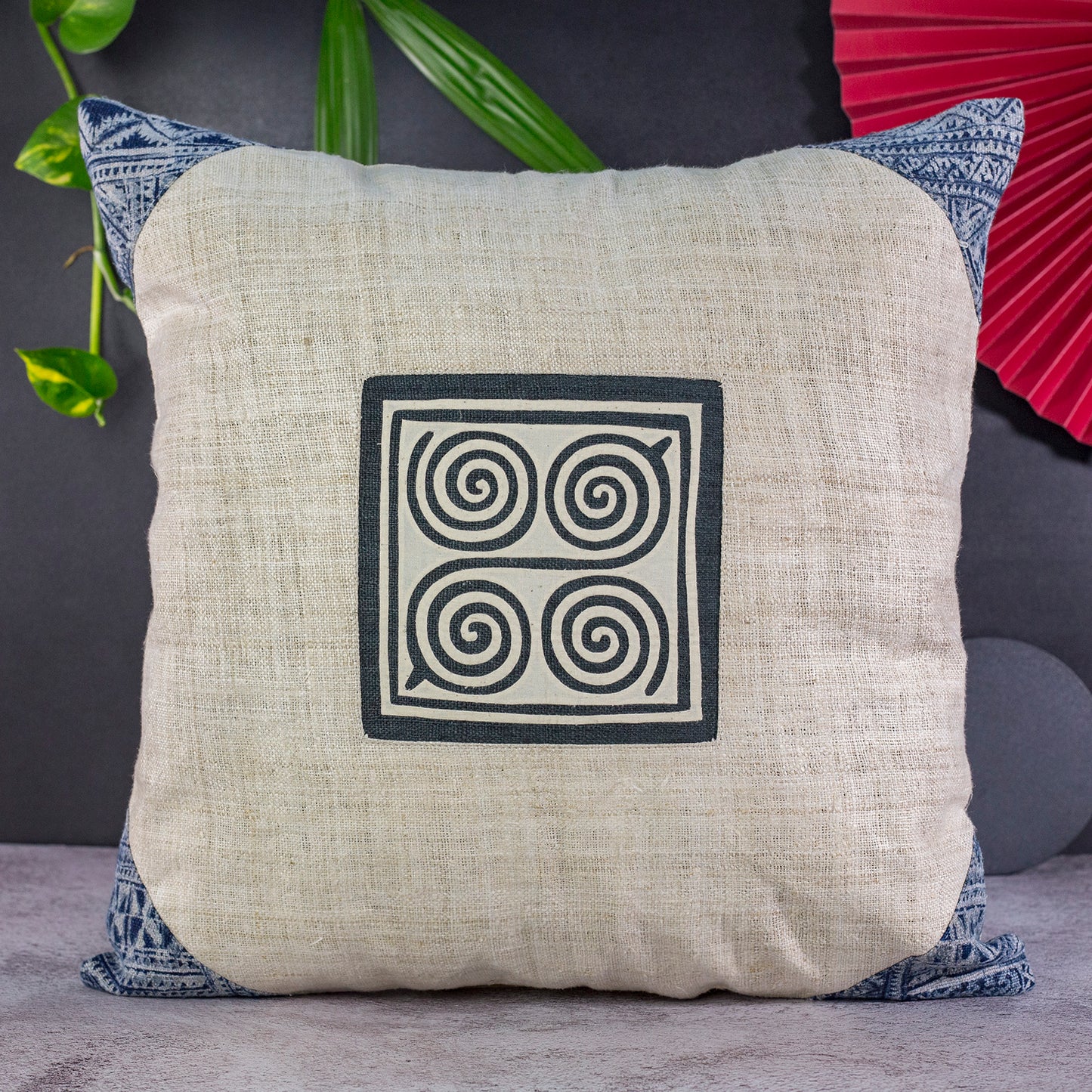 Four Spiral H’mong – Hemp Cushion Cover