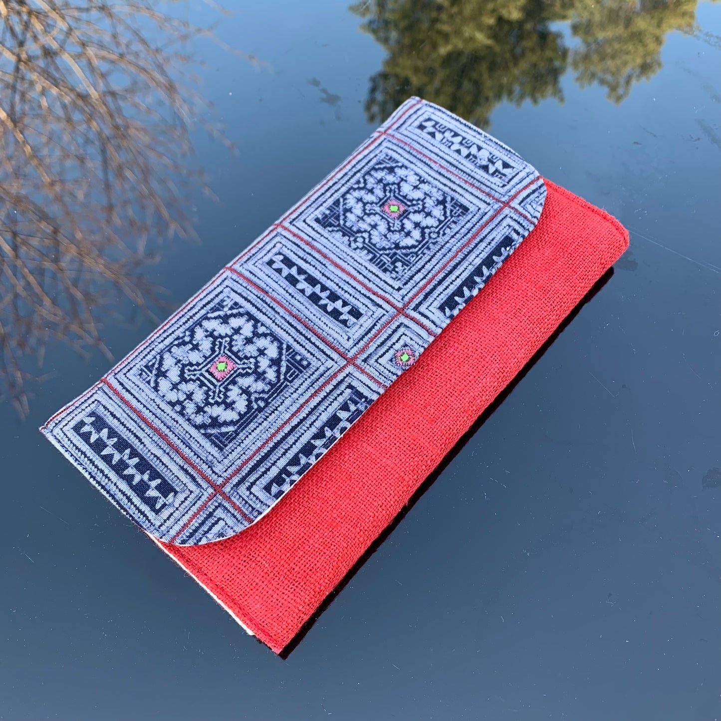 Square Indigo H’mong – Red Hemp Long Purse