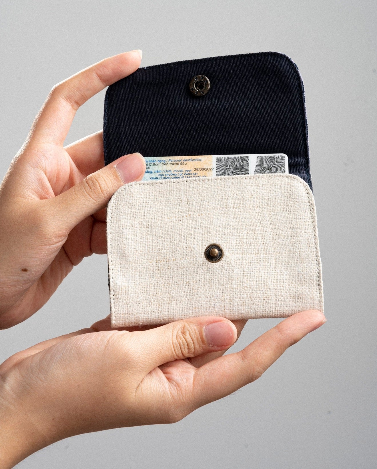 Orange Hemp card holder, Indigo Batik fabric