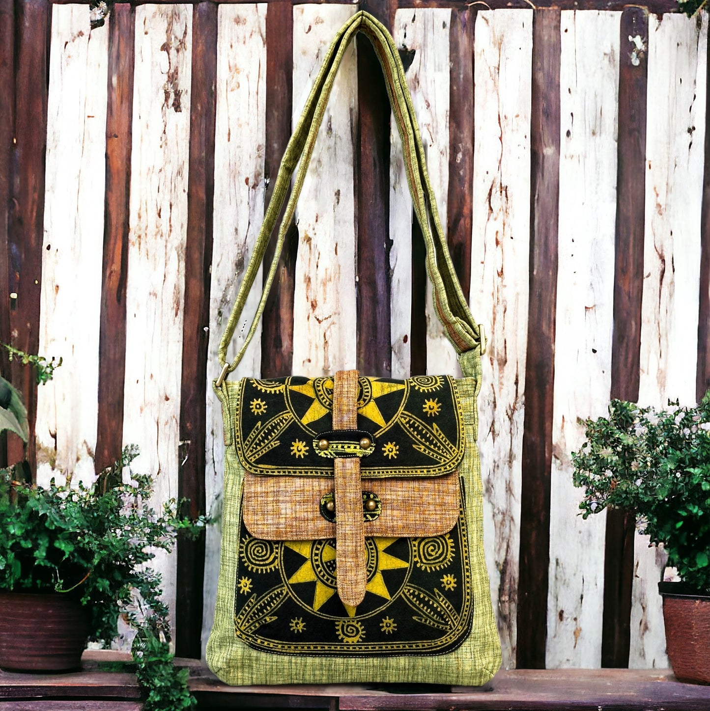 Batik cross-body bag, hand-drawn batik pattern, young rice green color