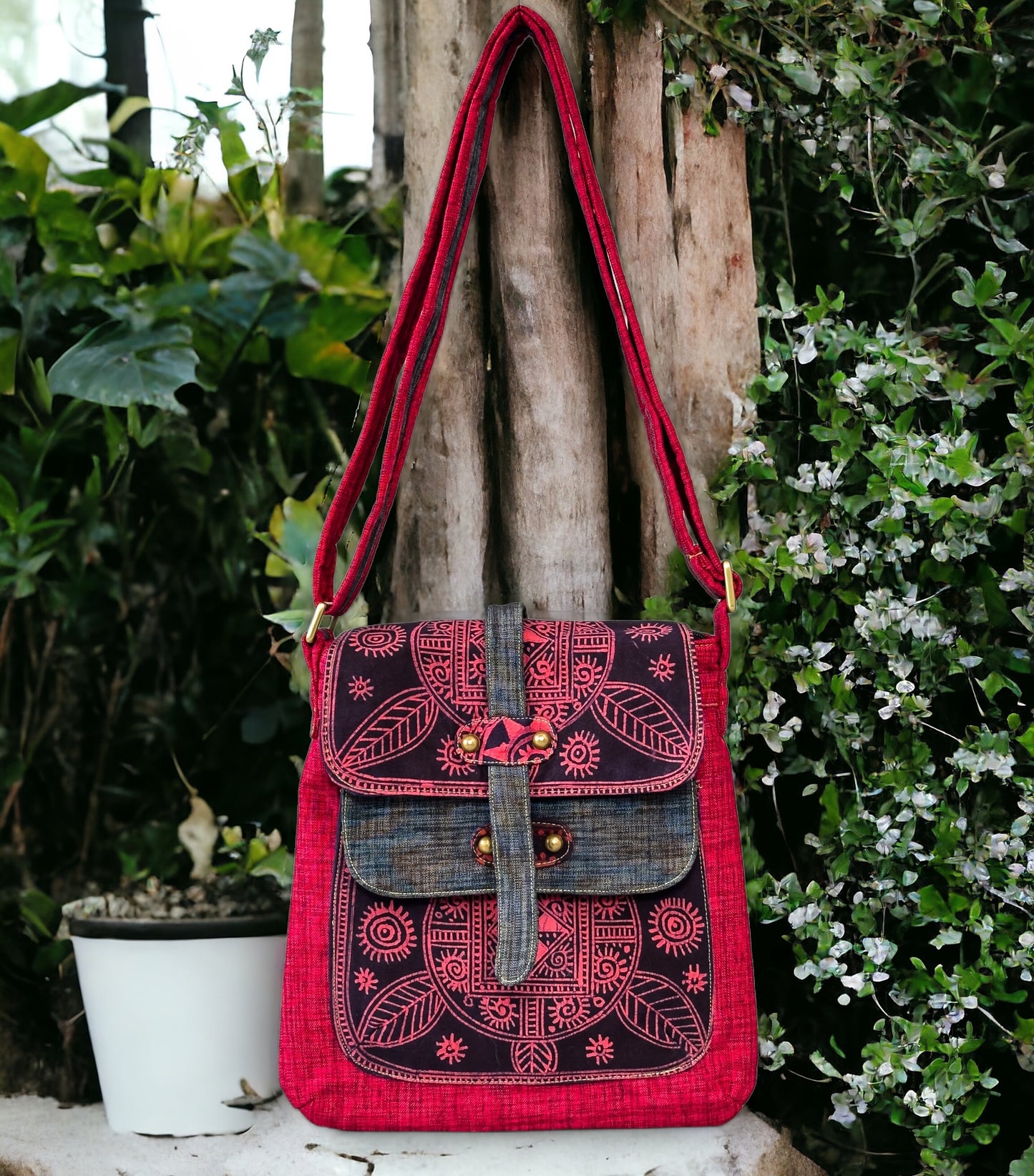 Batik cross-body bag, hand-drawn batik pattern, phoenix red