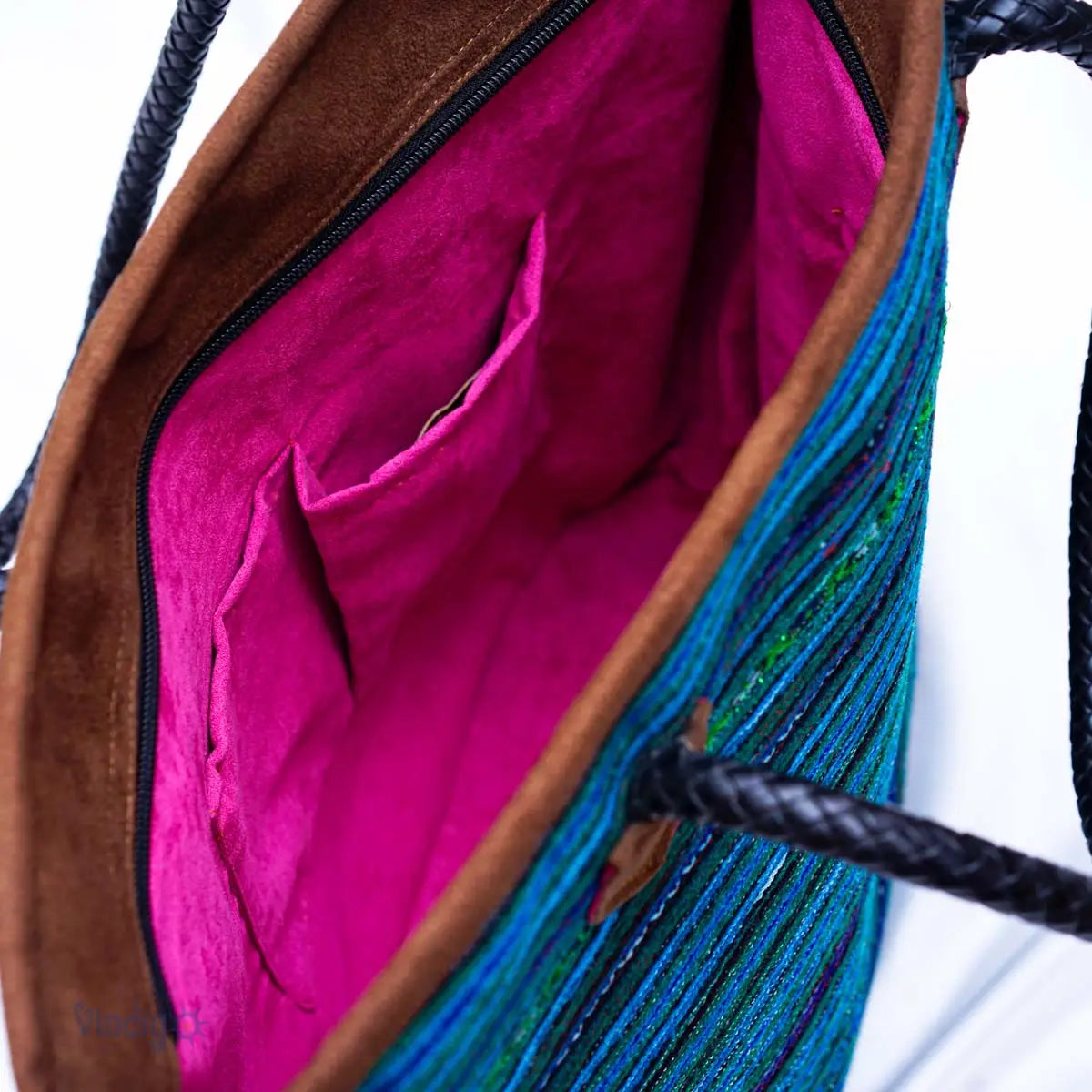 Inside view showing pink lining of blue hemp tote