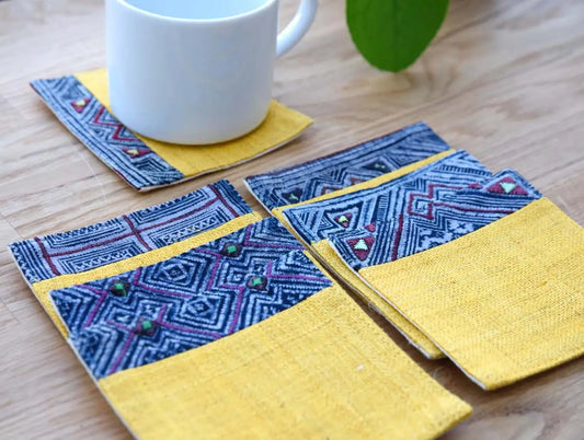 Side view showing layered texture of hemp and indigo coaster