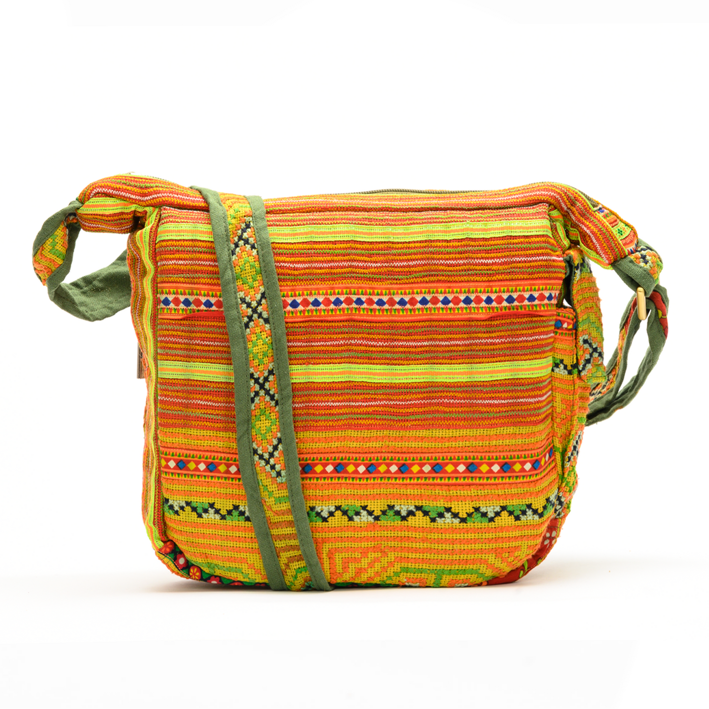 Boho-style linen, embroidery cross-body bag, H'mong tribal pattern