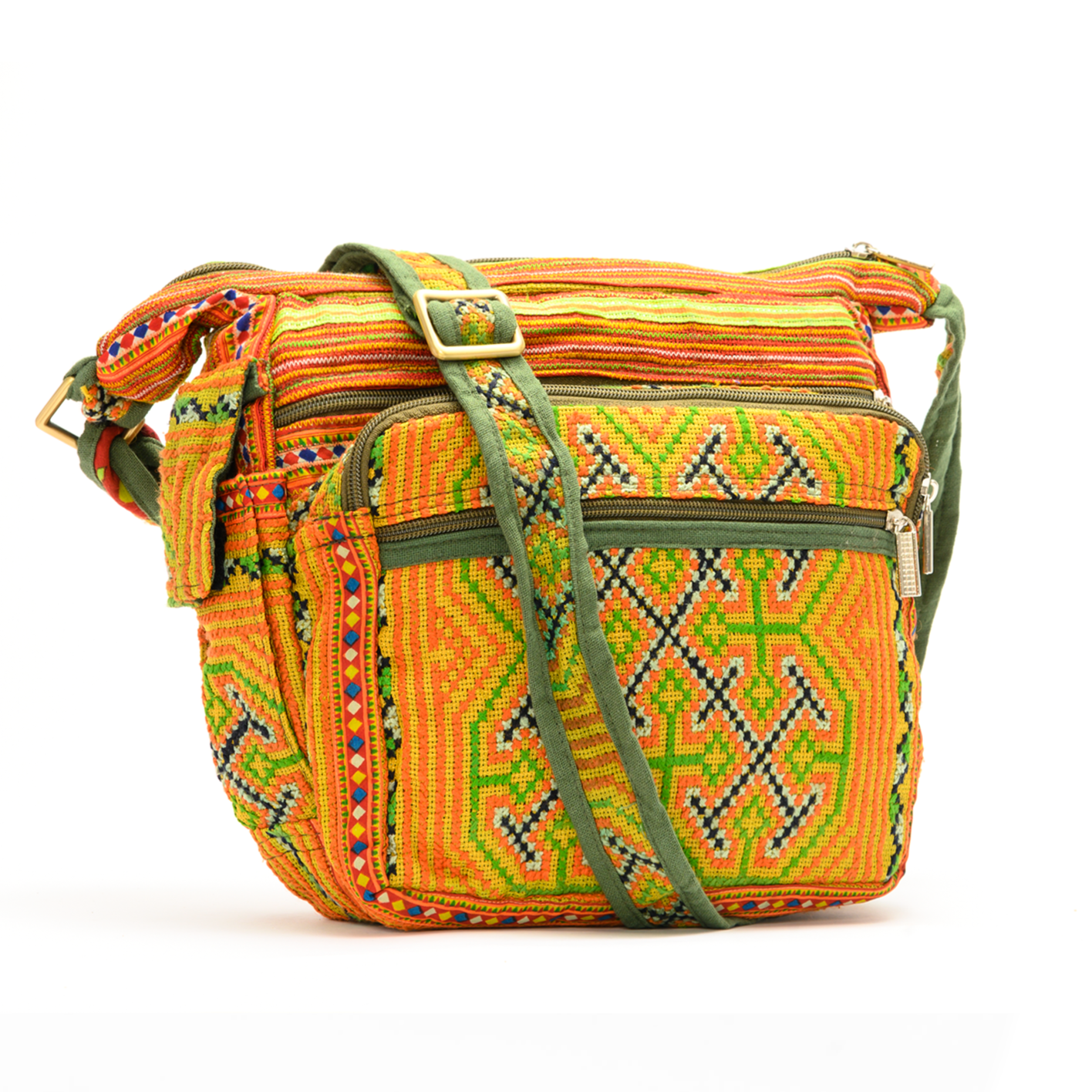 Boho-style linen, embroidery cross-body bag, H'mong tribal pattern