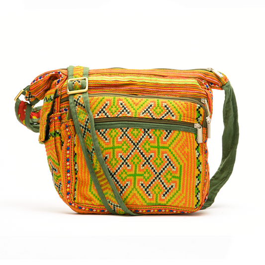 Boho-style linen, embroidery cross-body bag, H'mong tribal pattern