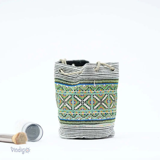 Vindigo green tribal hemp mini drawstring pouch front view