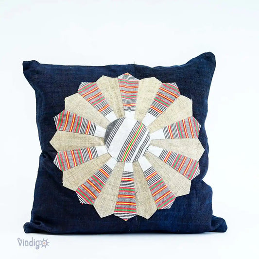 Front view of dark indigo hemp cushion cover with Dresden Plate quilt pattern