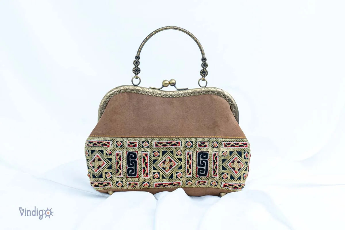 Vindigo brown faux leather handbag with vintage H'mong embroidery front view