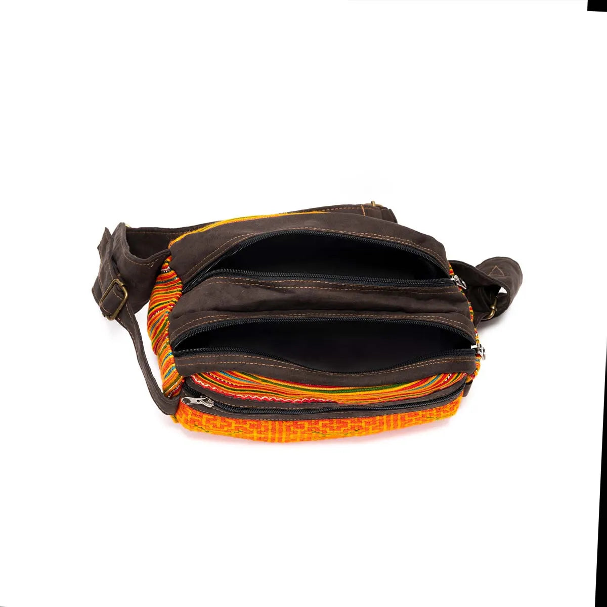 Vindigo orange embroidered waist bag top zipper view showing spacious compartments