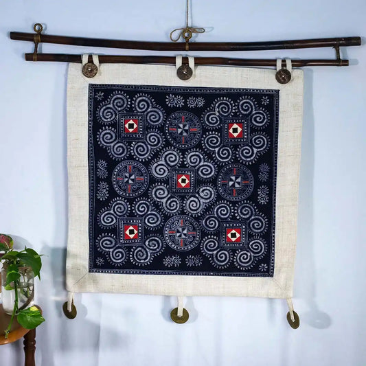 Vindigo indigo hemp batik tapestry hanging with green plant