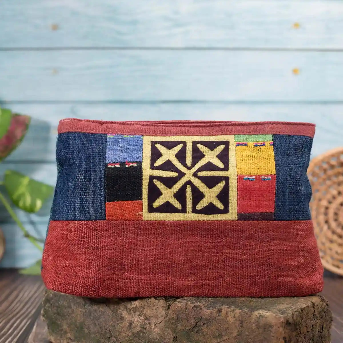 Vindigo hemp cosmetic bag red and blue front view with H’mong embroidery