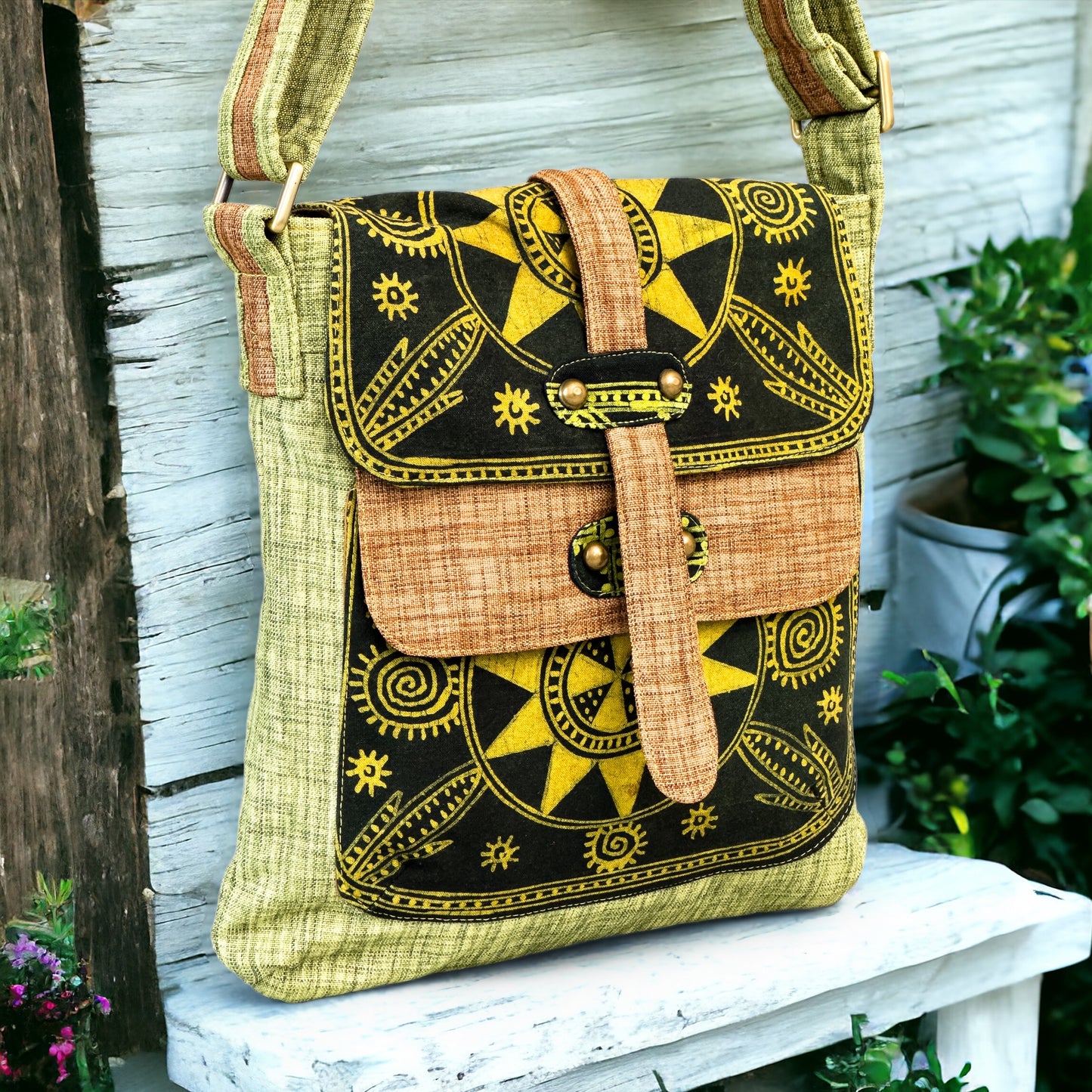 Batik cross-body bag, hand-drawn batik pattern, young rice green color