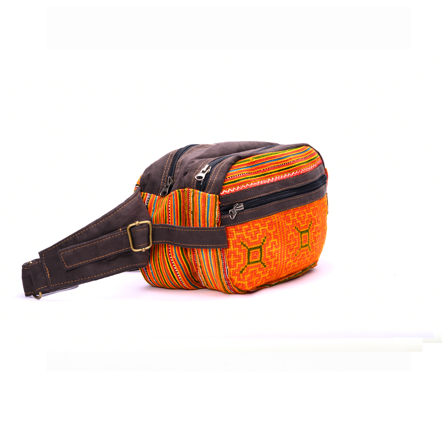 Bright Orange Waist bag, embroidery and faux leather