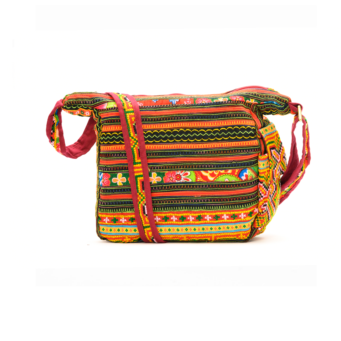 Boho-style linen, embroidery cross-body bag, H'mong tribal pattern in ORANGE