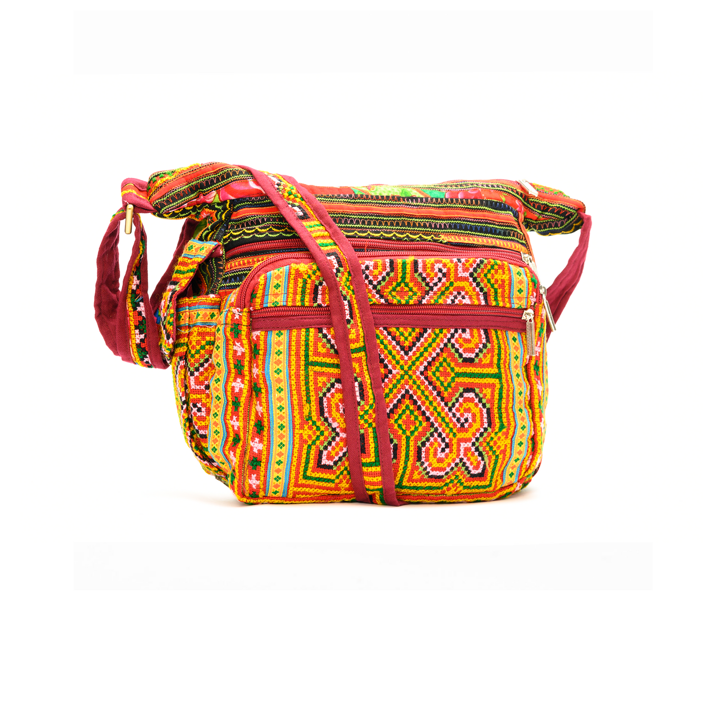 Boho-style linen, embroidery cross-body bag, H'mong tribal pattern in ORANGE