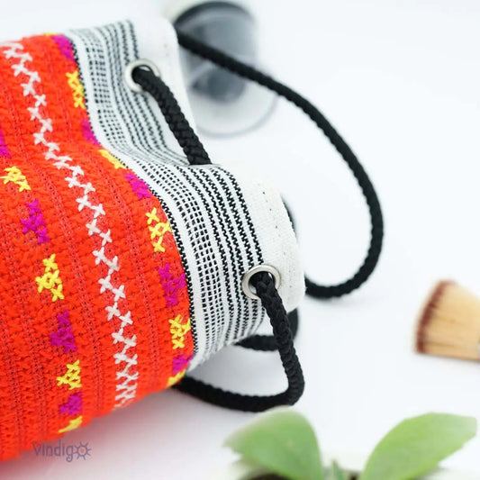 Vindigo red tribal hemp pouch close-up of drawstring and embroidery